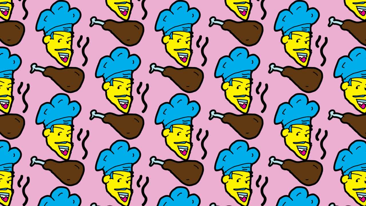 bambini che disegnano pop art sullo sfondo senza cuciture con il tema del pollo fritto e dello chef