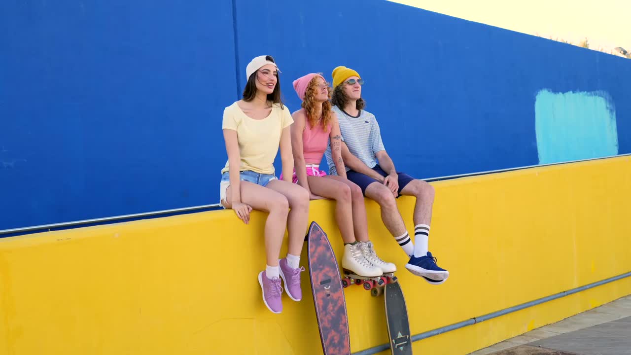 Three friends sitting on a colorful wall with skateboards