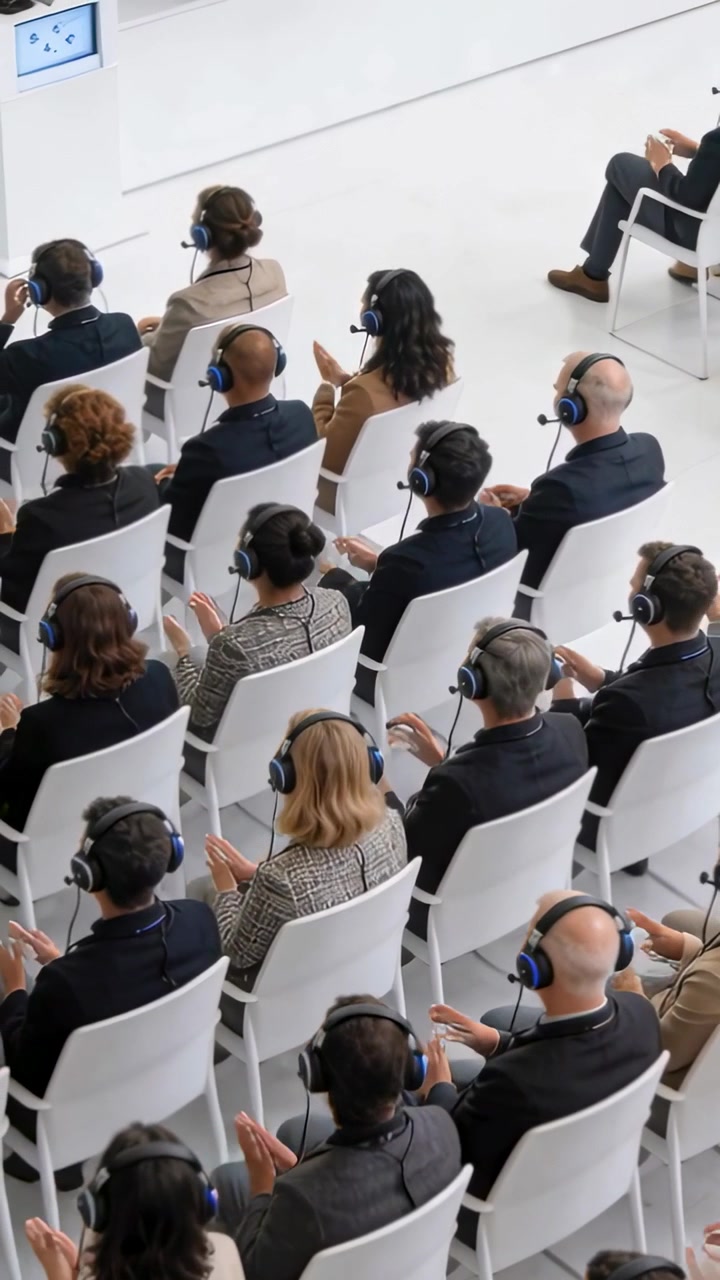 Video verticale: Reazione all'inizio del relatore, gruppo che indossa cuffie e abiti e ascolta a una riunione