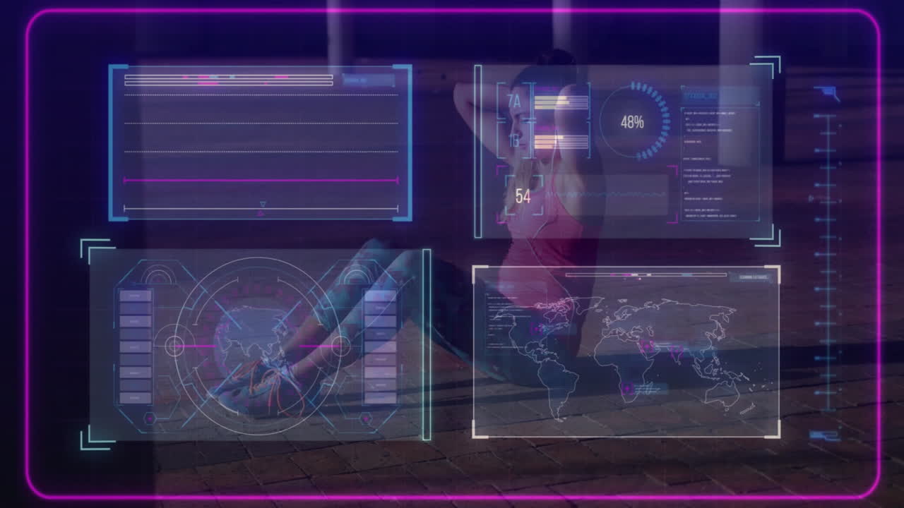woman performing crunches on brick floor, displaying holographic fitness graphs and world map