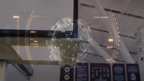 animación de círculos y macro célula de covid-19 sobre una trabajadora del aeropuerto caucásica