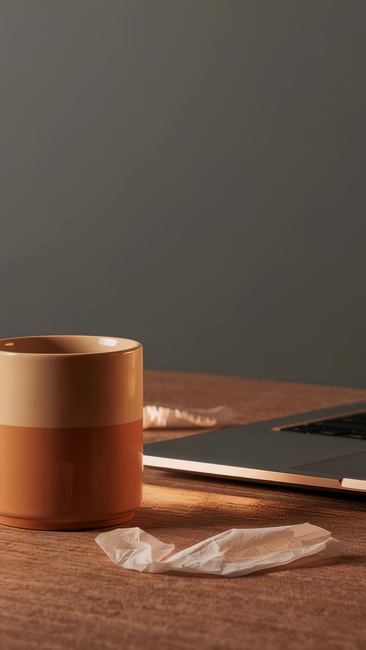Video verticale: Tazza bicolore posizionata mentre la luce si sposta e illumina una scrivania in legno, un involucro e un laptop.