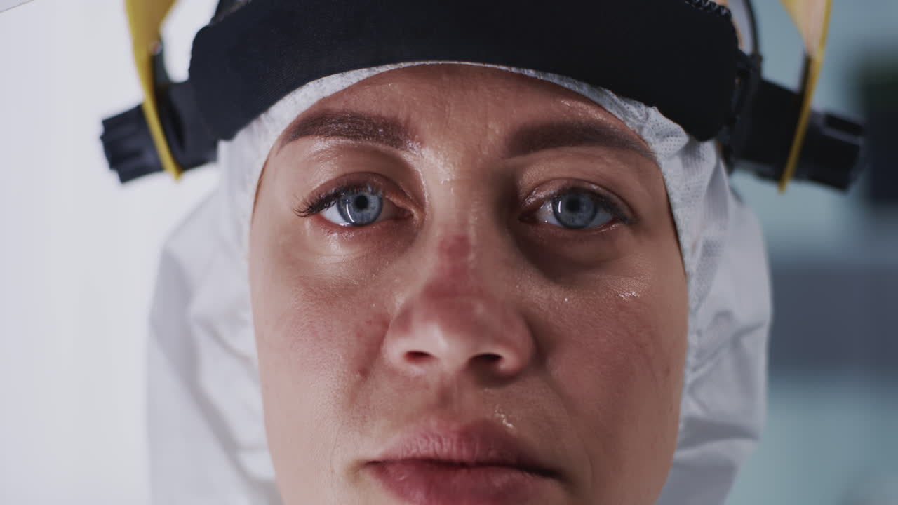sweaty Female Doctor Looking at Camera Sweaty Woman in Hazmat Suit Looking at Camera during Break in Coronavirus Hospital