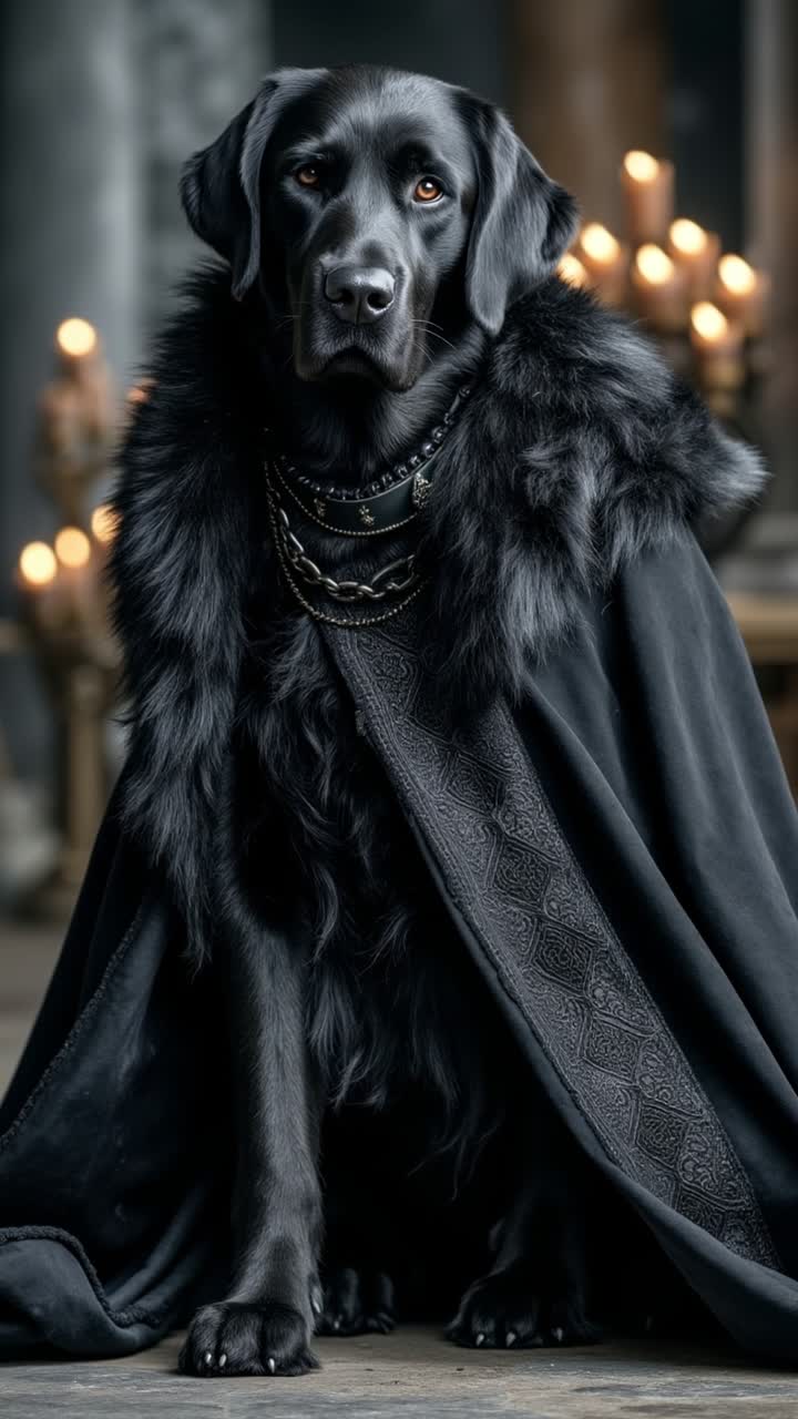 Maestoso cane nero che indossa un regale mantello scuro con bordo in pelliccia in un'ambientazione cinematografica