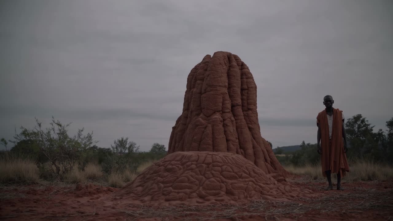Local man wearing traditional clothing stands beside a giant termite mound in the African savanna, capturing the region's unique natural wonders and cultural essence