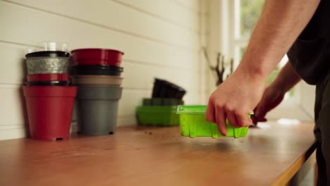 gardener prepares rectangular plastic pot for planting in greenhouse