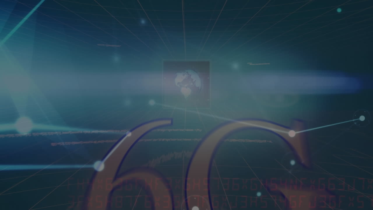Animazione di una rete di connessioni su schermi con elaborazione dati su sfondo blu