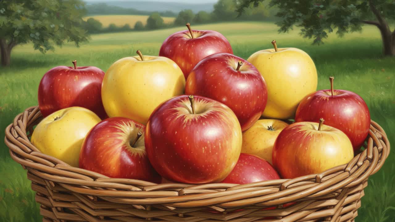 A Vibrant Basket Overflowing with Juicy Red and Yellow Apples Amidst a Scenic Green Landscape, Perfect for a Fresh Fruit Feast or Autumn Harvest Display