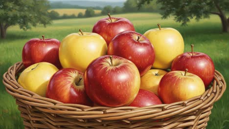 a vibrant basket overflowing with juicy red and yellow apples amidst a scenic green landscape, perfect for a fresh fruit feast or autumn harvest display