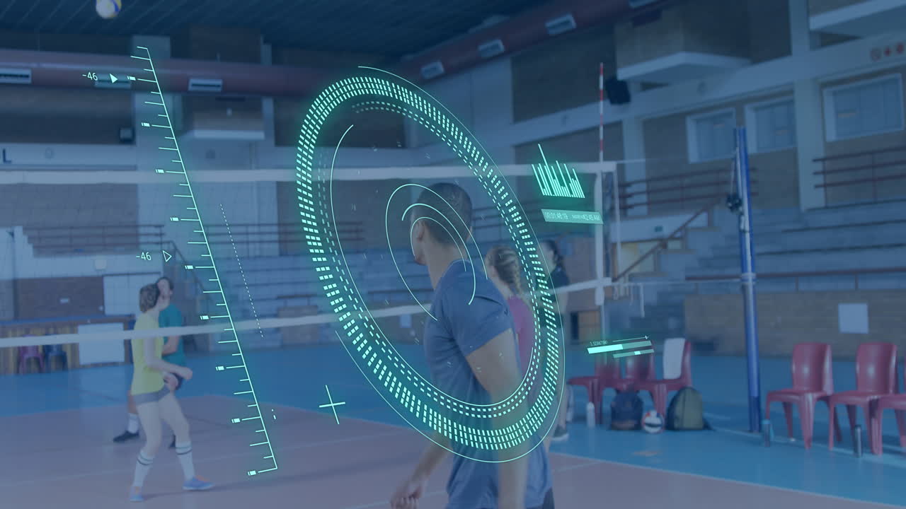 animación de escaneo de alcance y procesamiento de datos sobre diversas personas jugando voleibol en el gimnasio