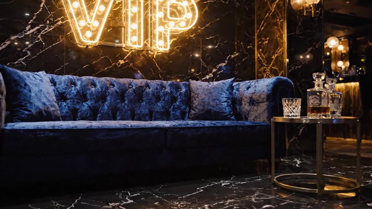 Luksuriøs VIP-lounge med elegant blå veloursofa og stilfuld indretning, der fremhæver komfort og overdådighed i et eksklusivt miljø