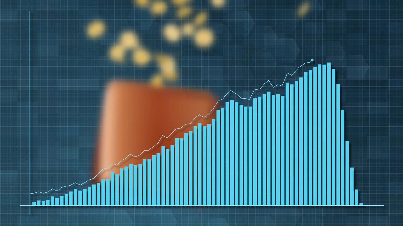 Monete d'oro cadono in un portafoglio di pelle mentre un grafico a barre blu sale costantemente verso l'alto.