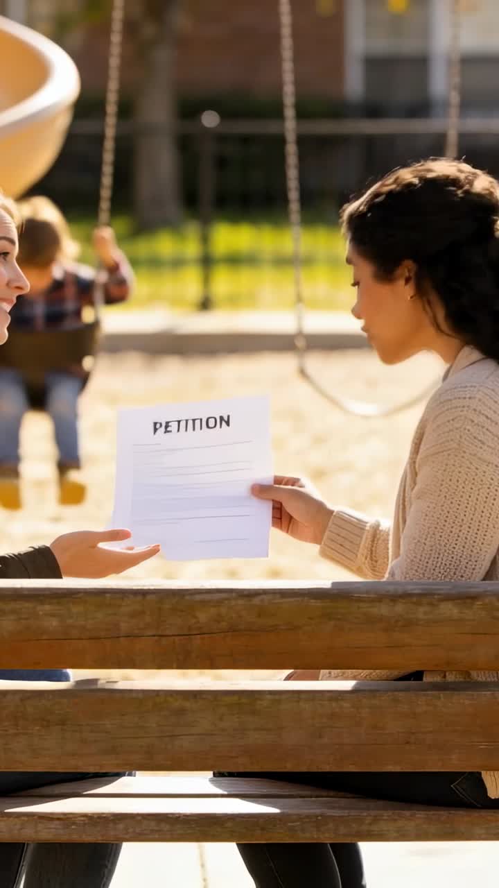 Vertical video: Taking PETITION from rep asking for sign, woman reading then talking on park bench