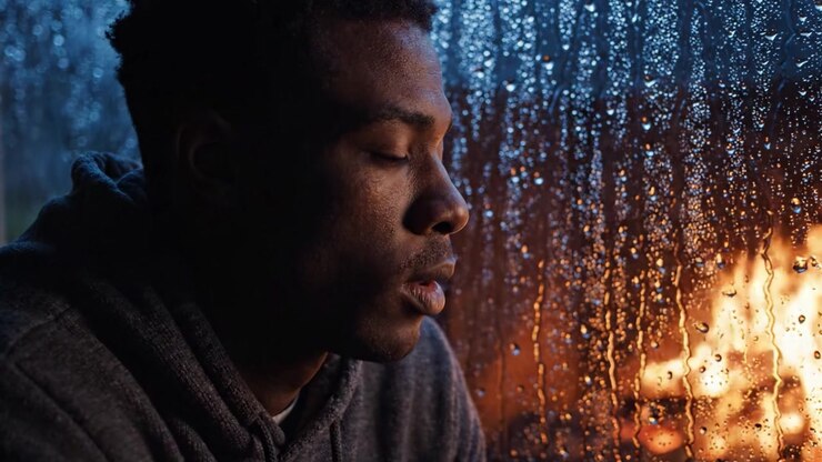Un moment de réflexion sous la pluie : la contemplation profonde d'un jeune homme regardant au loin, capturant l'émotion et la paix intérieure près de la chaleur d'un feu