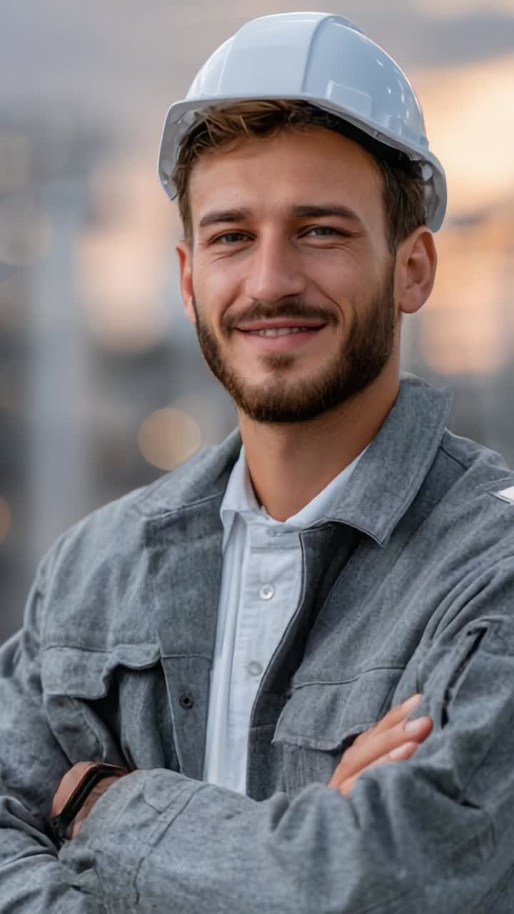 Confident Construction Worker Smiling on Site, Showcasing Professionalism and Dedication with Stylish Hard Hat and Work Jacket in a Modern Urban Environment