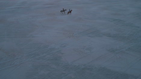 inclinación aérea, vista de drones que revela a un hombre y una mujer montando caballos en una playa, en una tarde tranquila y soleada y una puesta de sol colorida