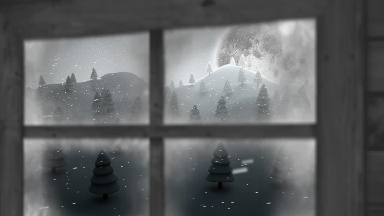 밤 하늘의 달에 대한 겨울 풍경 위에 내리는 눈에 대한 나무 창문 프레임