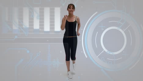 animation of data processing and diagrams over caucasian woman running