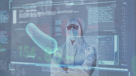 animación del procesamiento de datos científicos sobre un médico caucásico con máscara y traje de ppe