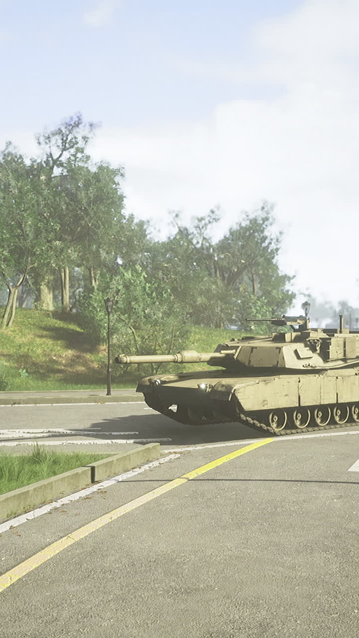 Military tank maneuvers through empty urban area on a bright sunny day