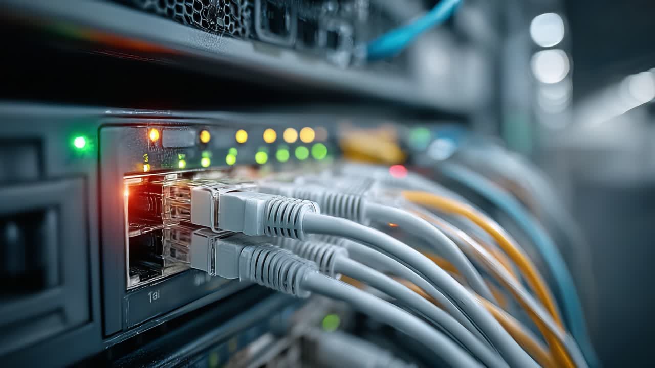 A Close-Up Look at a High-Performance Network Switch with Glowing LED Indicators and Multiple Ethernet Cables Connecting to High-Speed Data Transmission Ports