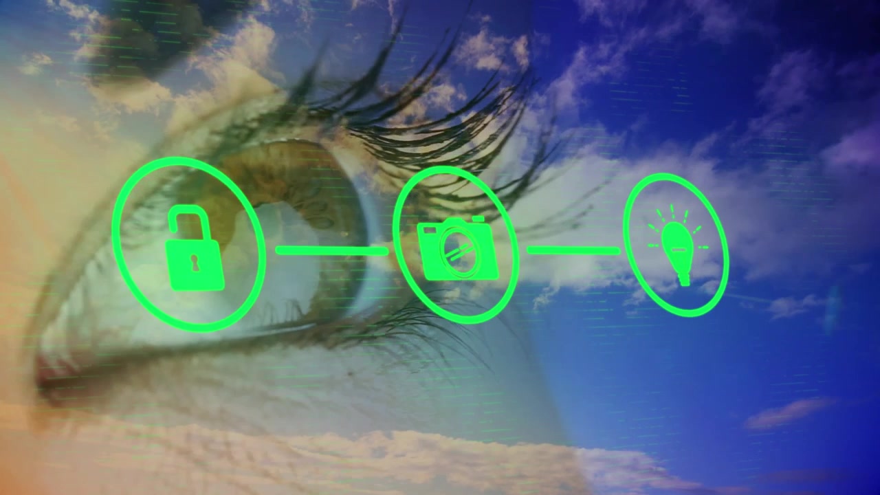 Animation of icons over eye of caucasian woman and sky with clouds
