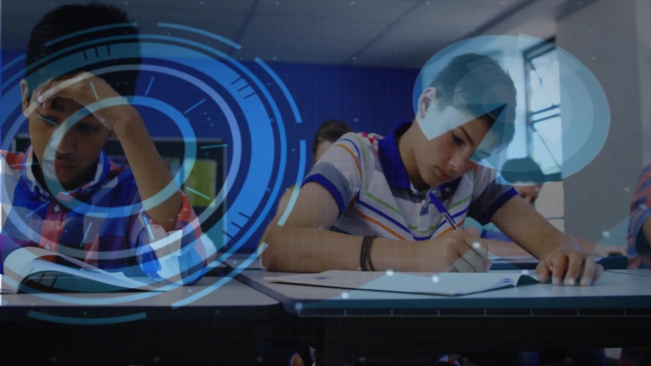 Students Studying in Classroom with Digital Data Overlay