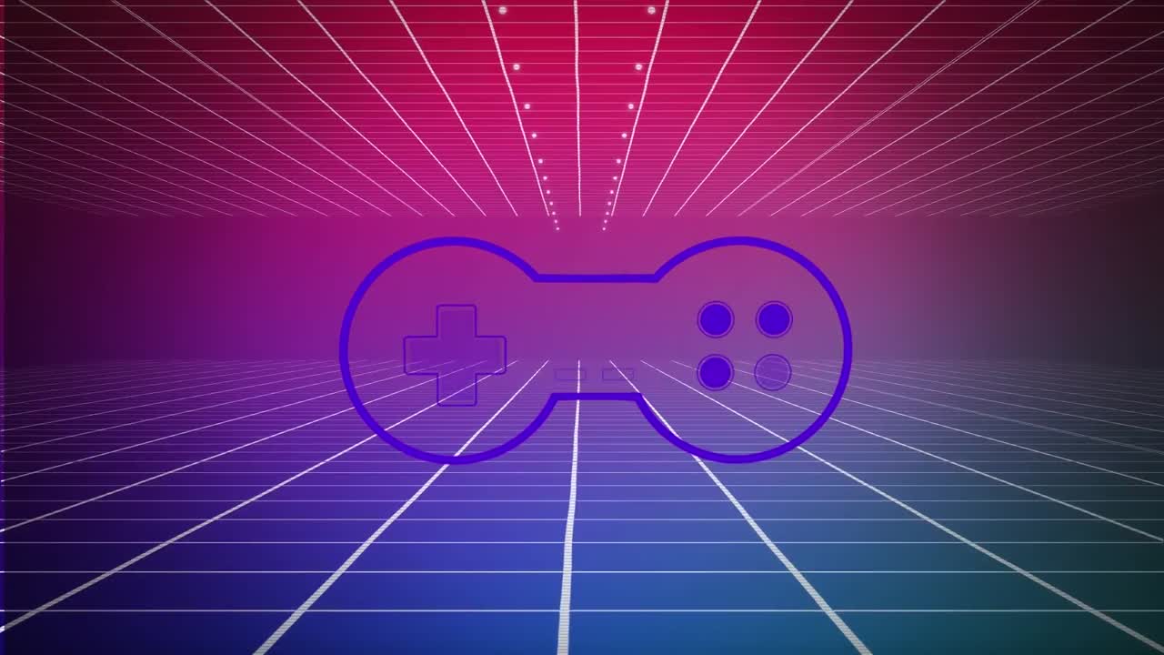 다채로운 배경에 그리드 위의 네온 게임 패드의 애니메이션