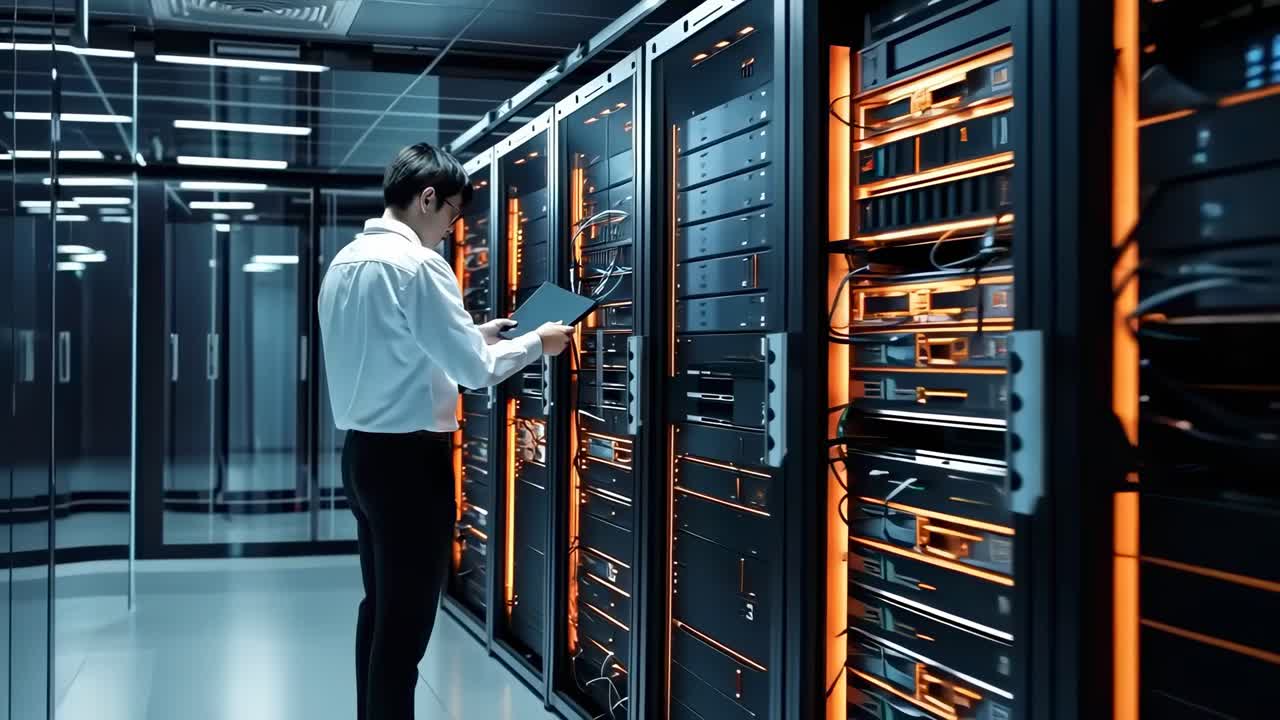 A professional examines servers in a sleek, modern data center. The video captures a side angle