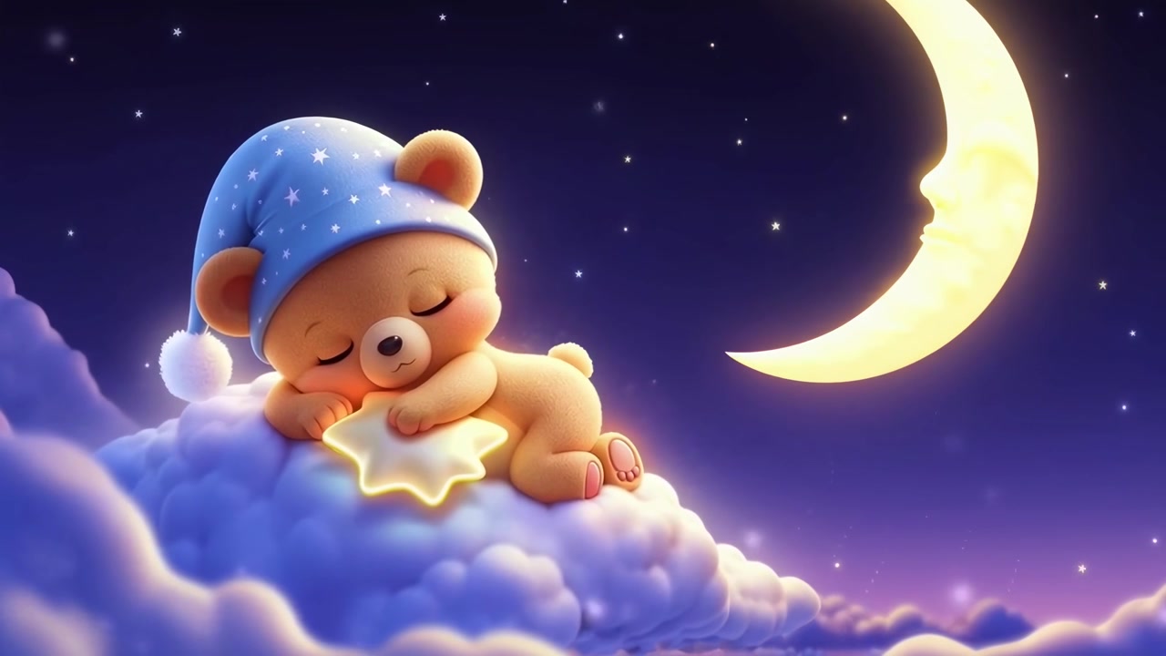 Cute Cartoon Bear Sleeping on Clouds Under a Starry Night Sky