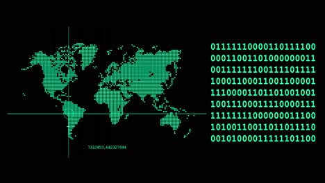 HUD-grüner-Monitor-Zielpunkt,-Der-Sich-Mit-Zufälligem-Binärcode-Um-Die-Kontinente-Der-Weltkarte-Bewegt-–-Futuristisches-Videokonzept-Zur-Planung-Von-Geographischen-Zielnetzwerken-Der-Welt