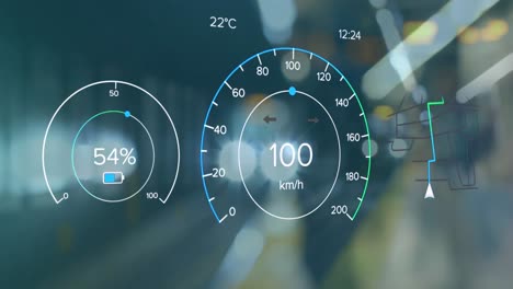 Animation-of-electric-car-speedometer-data-processing-over-city