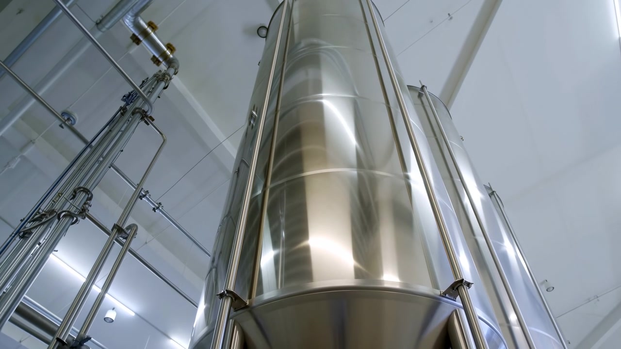 Low angle view of a polished cylindrical tank in a clean factory interior, surrounded by metal pipes, support frames, and bright overhead lighting