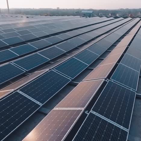 rows of sunny panels on the roof. the setting sun reflects on sunny batteries. solar farm at sunset. alternative source of energy.