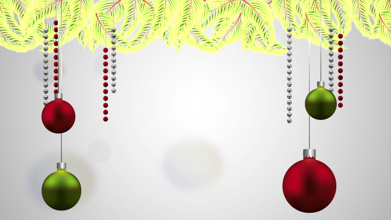 feliz tarjeta de navidad con bolas colgando decoración