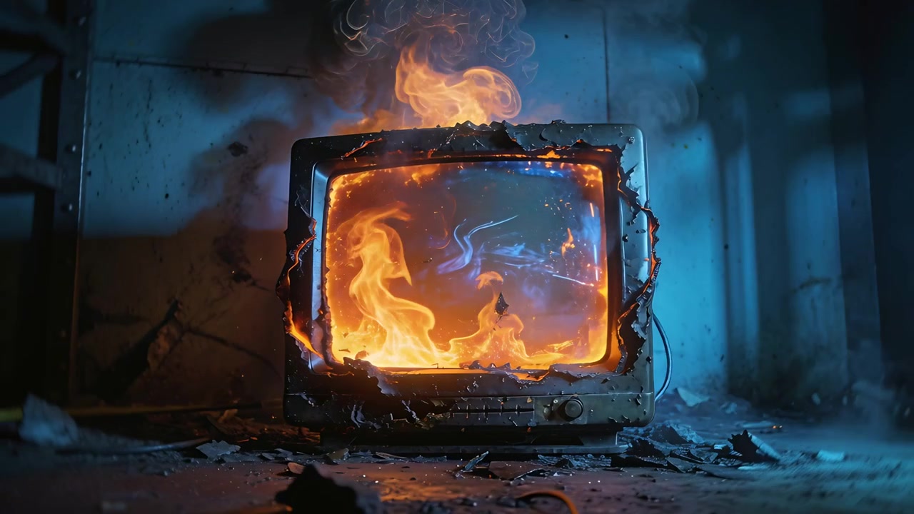 Et brændende CRT TV antændes af en indre flamme inde i den revnede skærm i et opbevaringsrum, med strømkabel tilsluttet.