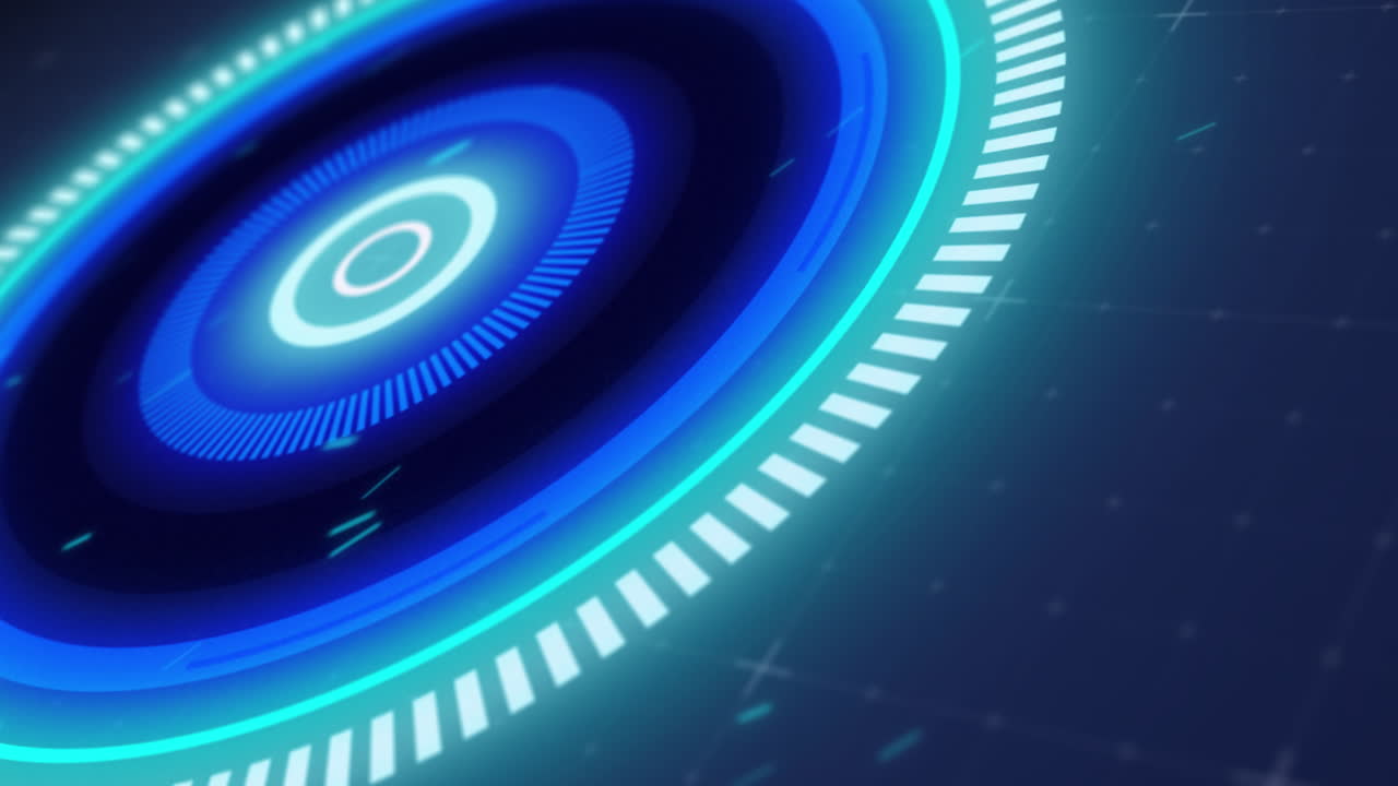 Animation of glowing blue scope scanning and spinning with glitch on grid background