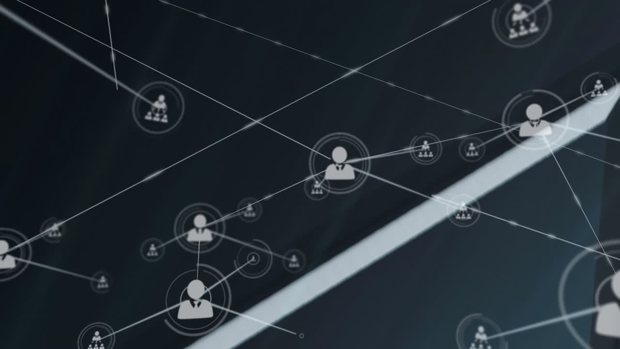 Animation of networks of connections with icons over black background