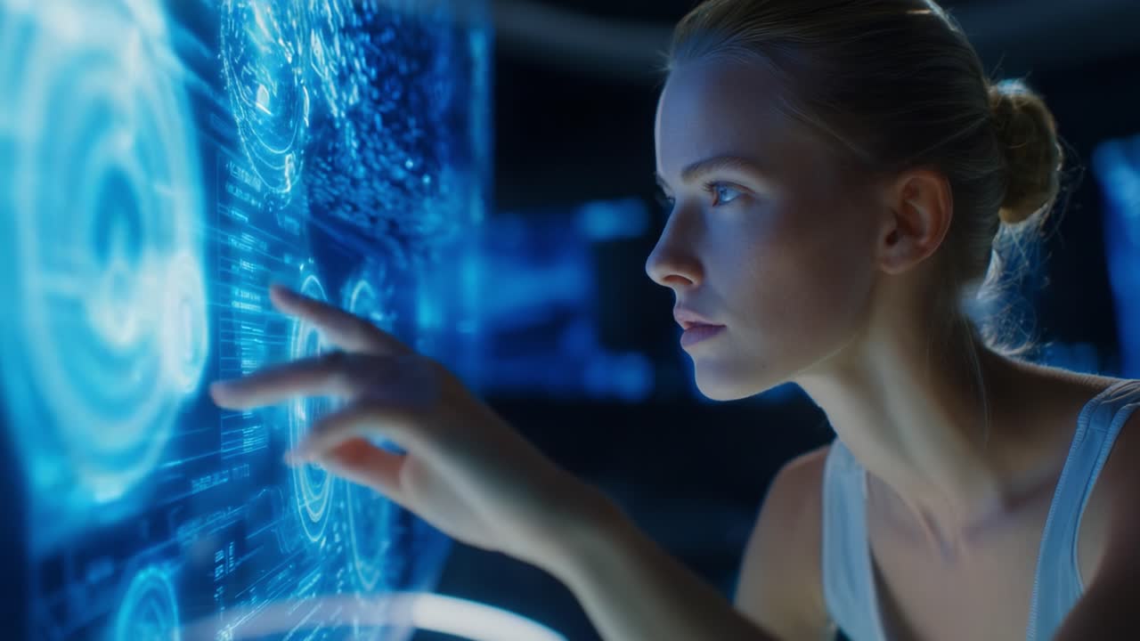 A close-up view of a focused individual interacting with a holographic touchscreen interface, exploring futuristic digital data, and visualizing interconnected information streams and insights