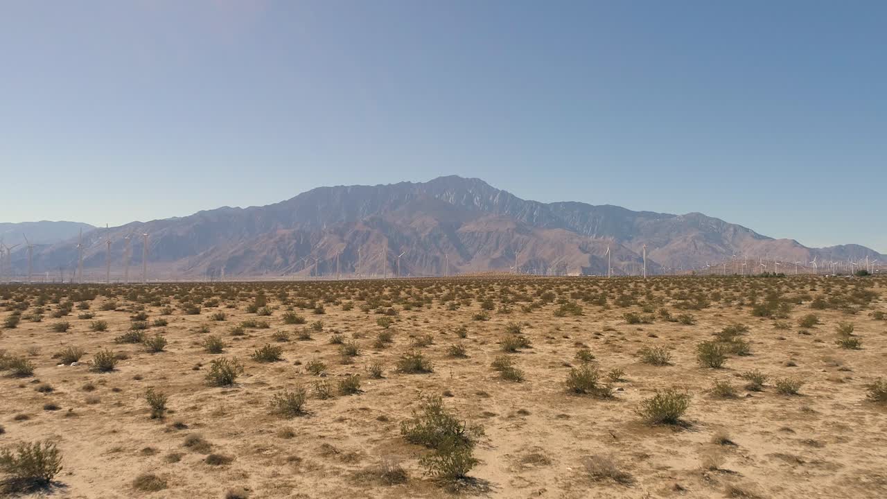 manantiales de palma zumbido de molinos de viento en las montañas huellas con desierto y cactus en primer plano bajo al suelo
