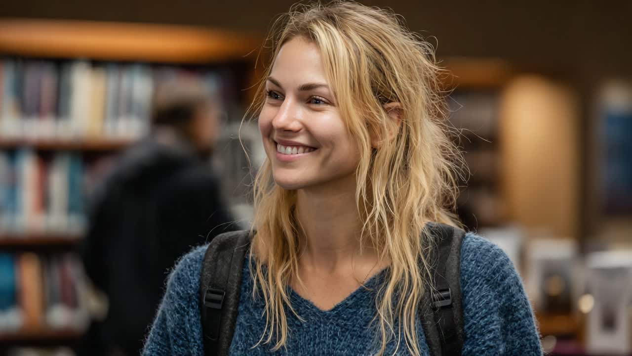 A Bright Smile and Enthusiastic Presence: Capturing a Young Woman's Joy and Optimism in a Library Setting Full of Knowledge and Adventure
