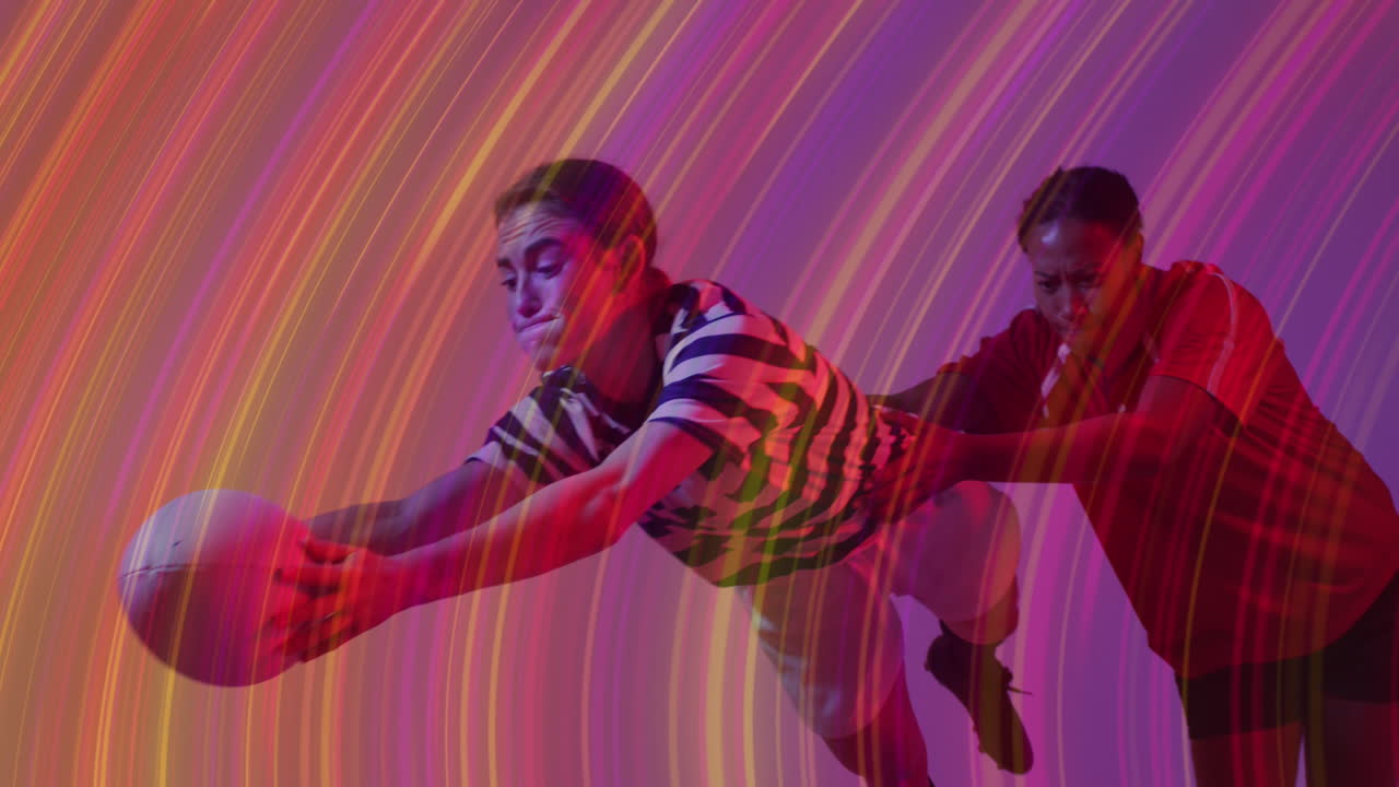 animación de senderos de luz sobre jugadoras de rugby en fondo de neón.