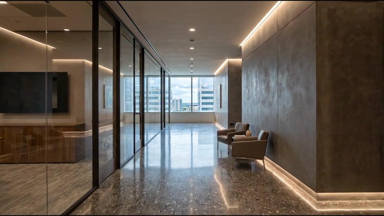 Elegante vestíbulo de oficina moderno con paredes de cristal, iluminación cálida e interior pulido