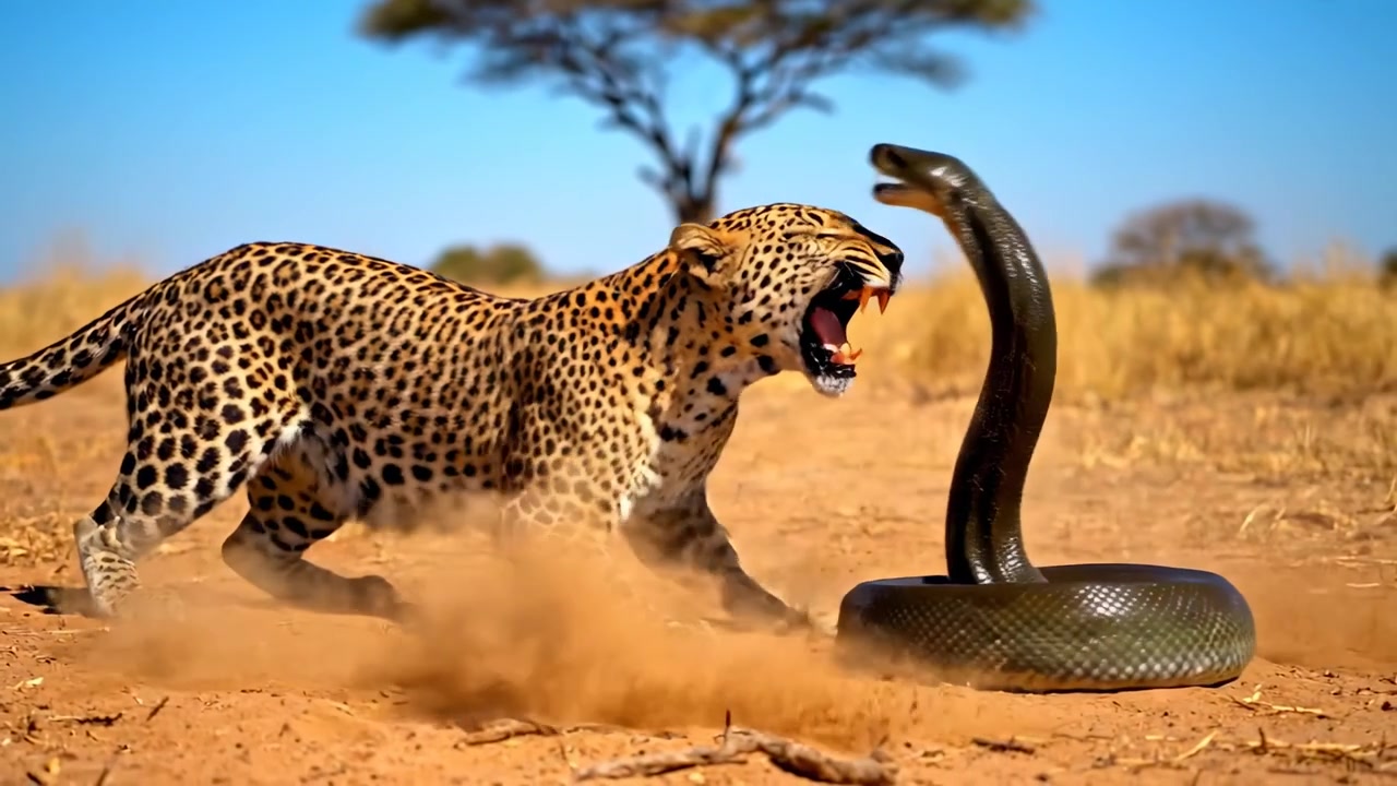 Leopard confronting a large black cobra snake in savannah. Full shot of a leopard roaring at a striking black cobra raising its hood in a dusty African field