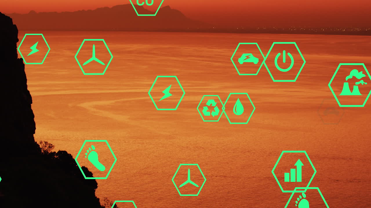 animación de iconos de sostenibilidad y ecología sobre el paisaje