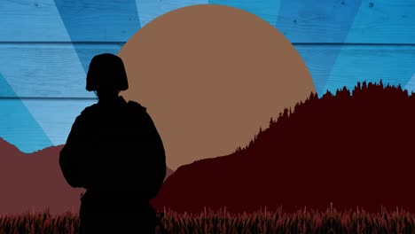 animation of soldier silhouette over sun and mountains on blue background