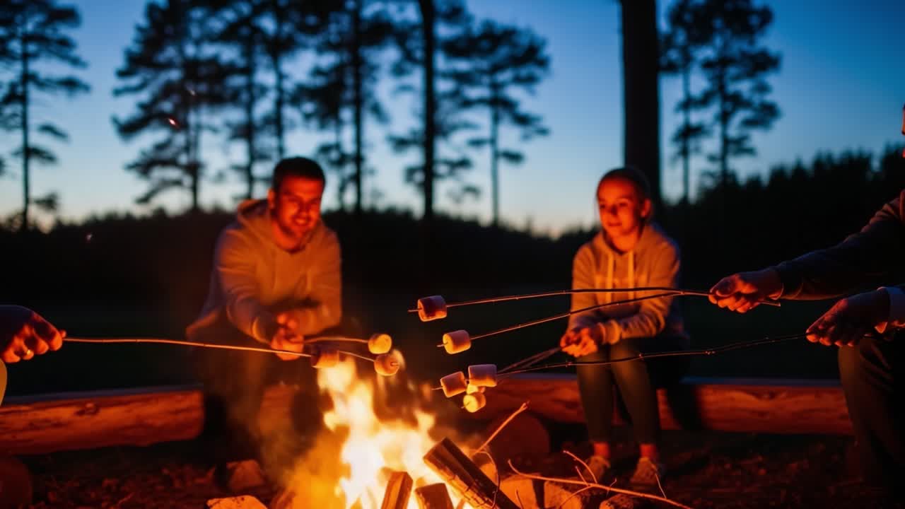 Cozy Campfire Evening: Friends Roast Marshmallows and Share Stories Under Twilight Sky with Gentle Throws of Light from a Flickering Fire