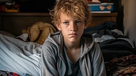 a thoughtful preteen boy in his bedroom