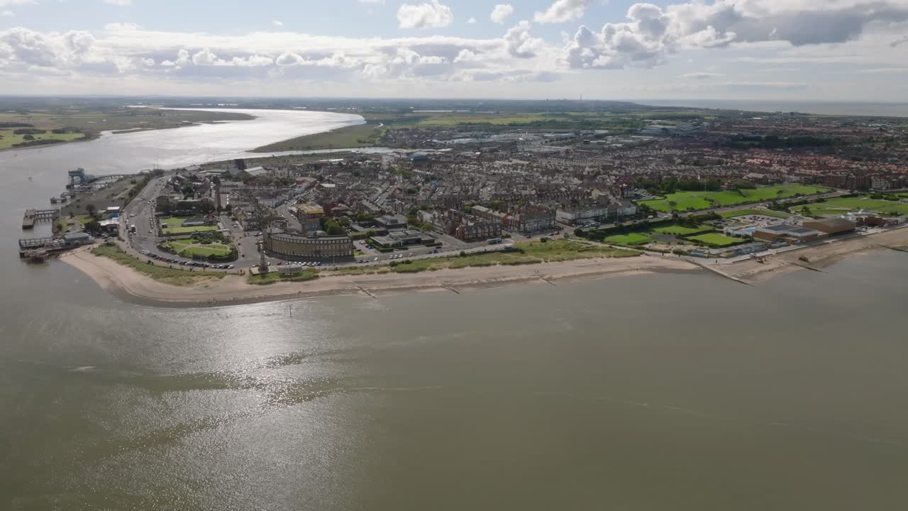 Peninsula Seaside Town Of Fleetwood Next To River Wyre On Sunny Day With Cloudy Bright Horizon. Derelict Docks Visible. Lancashire, UK
