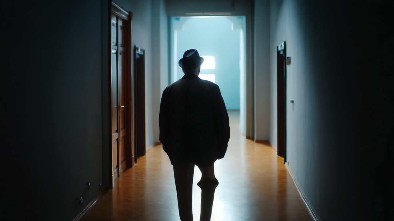Una figura solitaria percorre un corridoio scarsamente illuminato, mettendo in risalto i temi della solitudine, dell'introspezione e del passare del tempo in un ambiente cinematografico.